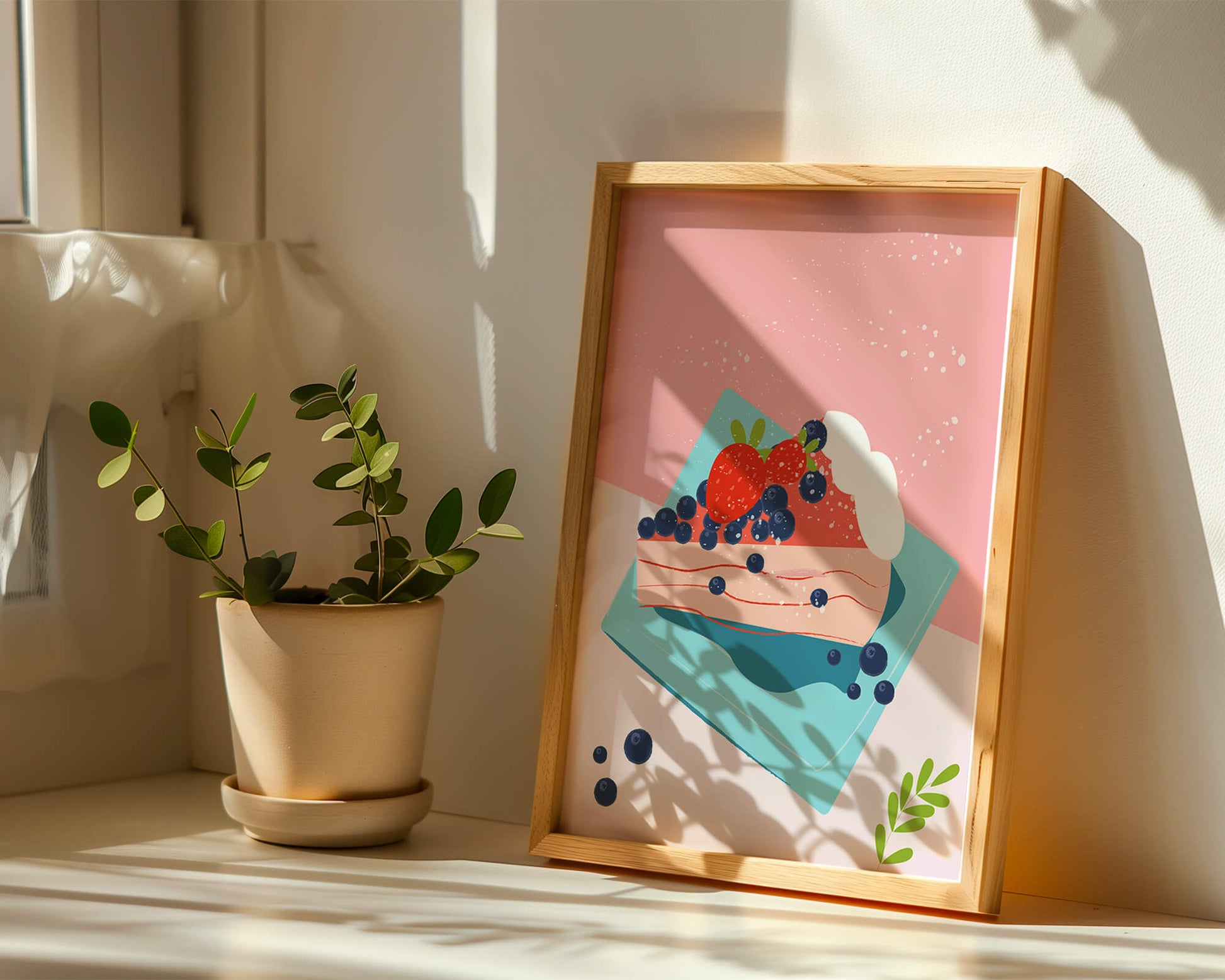 Bunte Dessertillustration mit Erdbeeren und Blaubeeren auf pastellfarbenem Hintergrund