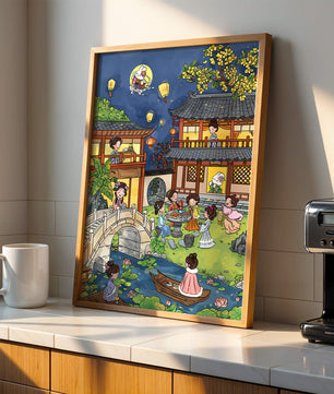 Traditional Chinese Garden Scene with Lanterns and Moon Rabbit