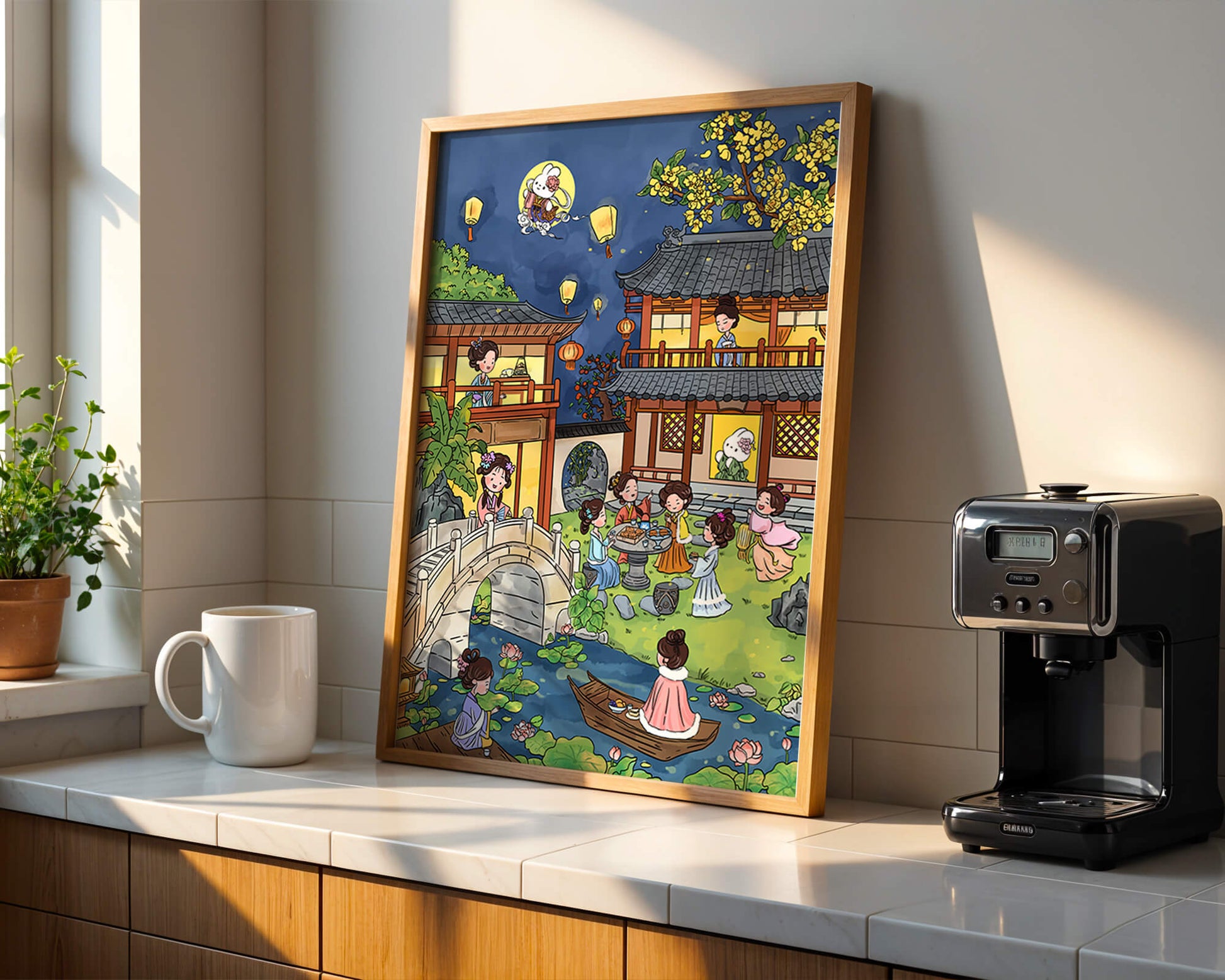 Escena de jardín chino tradicional con linternas y conejo lunar