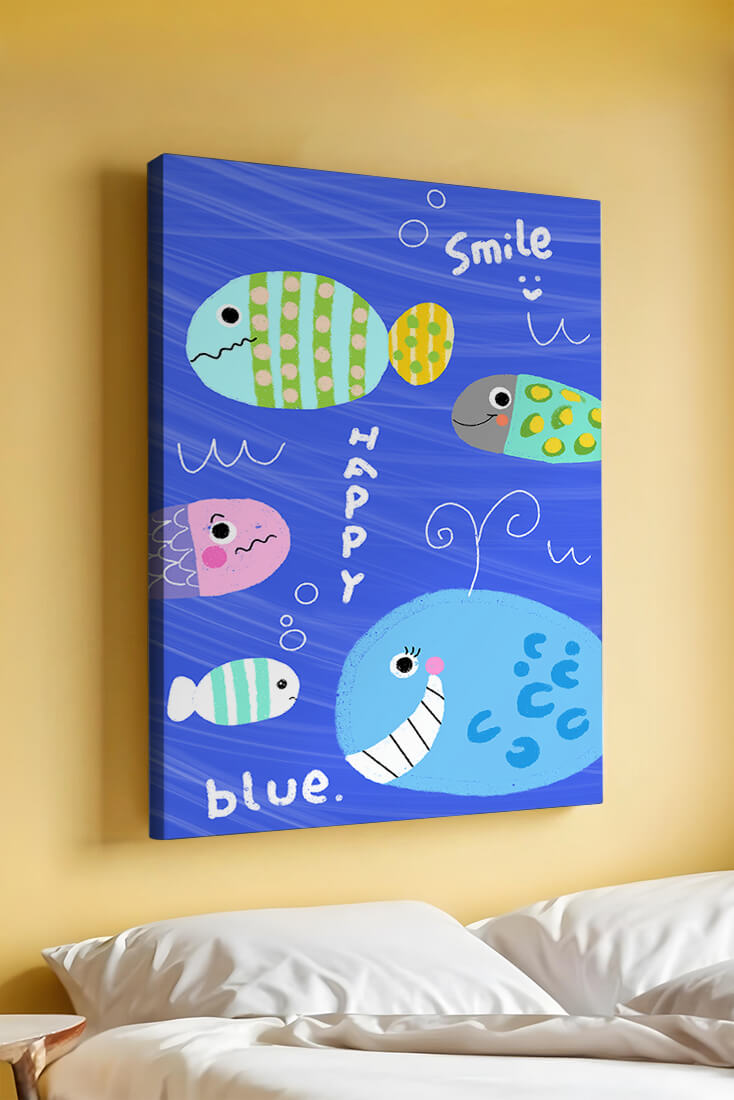 Colorful underwater scene with smiling cartoon fish