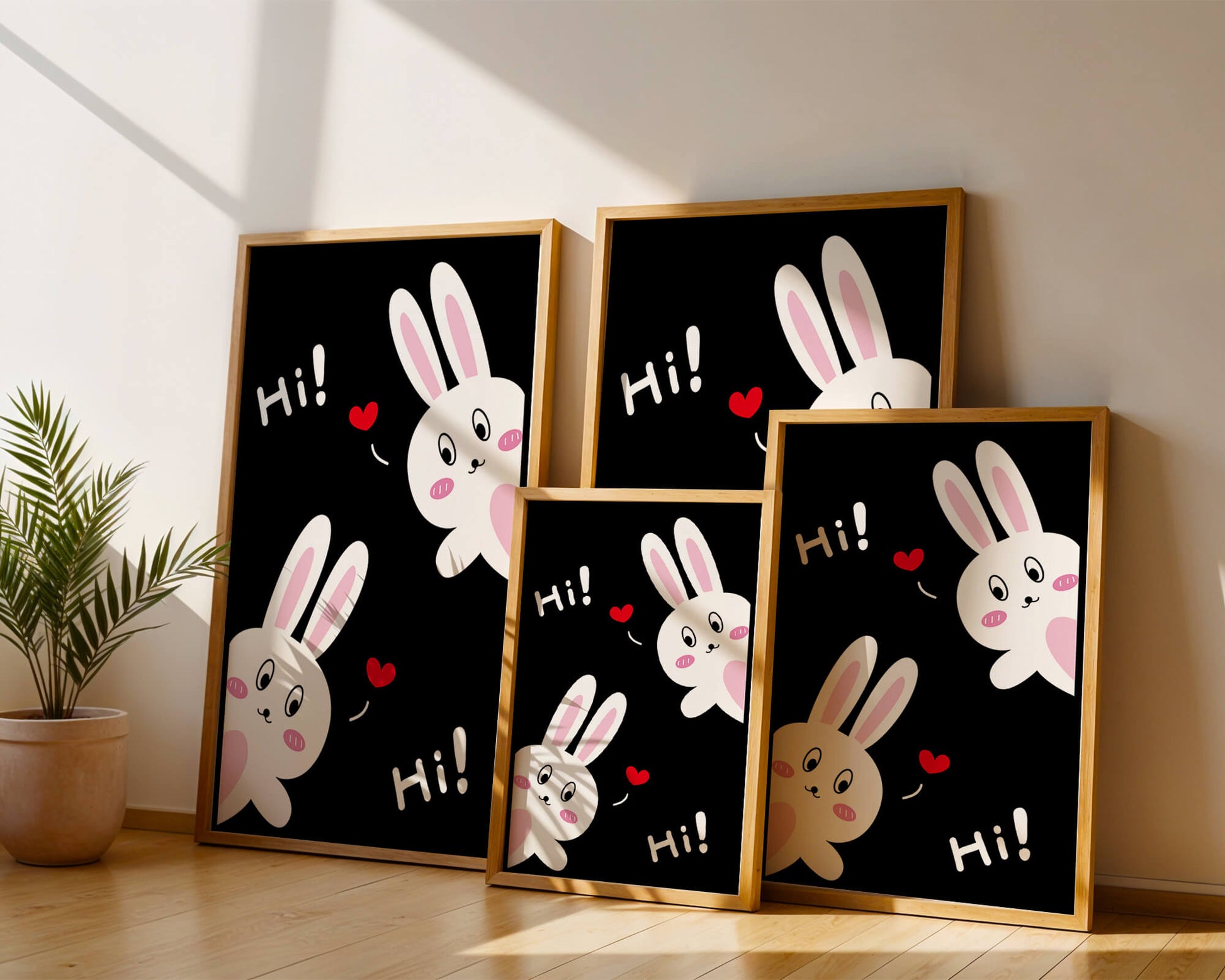 Charming bunny illustration with hearts on black background