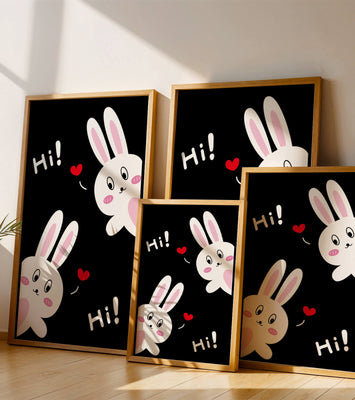 Charming bunny illustration with hearts on black background