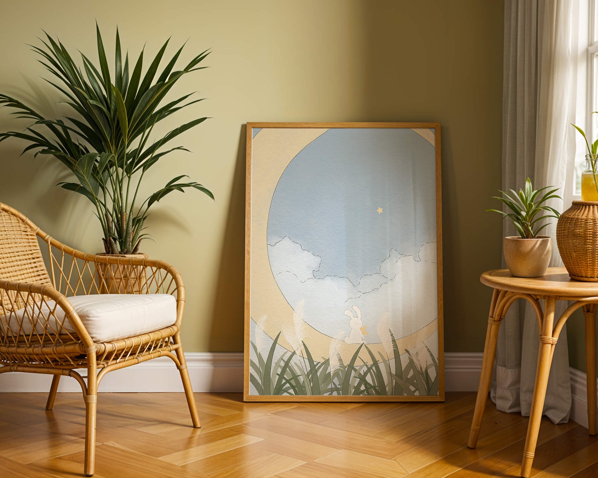 Dreamy Rabbit Sitting on Crescent Moon with Star and Clouds in Sky