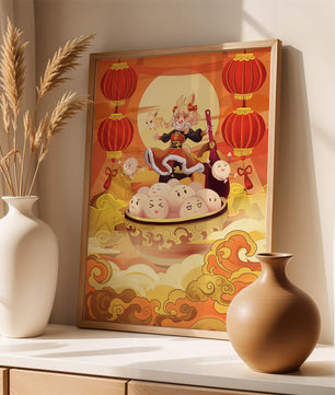 Charming festive fantasy illustration featuring lanterns and playful characters