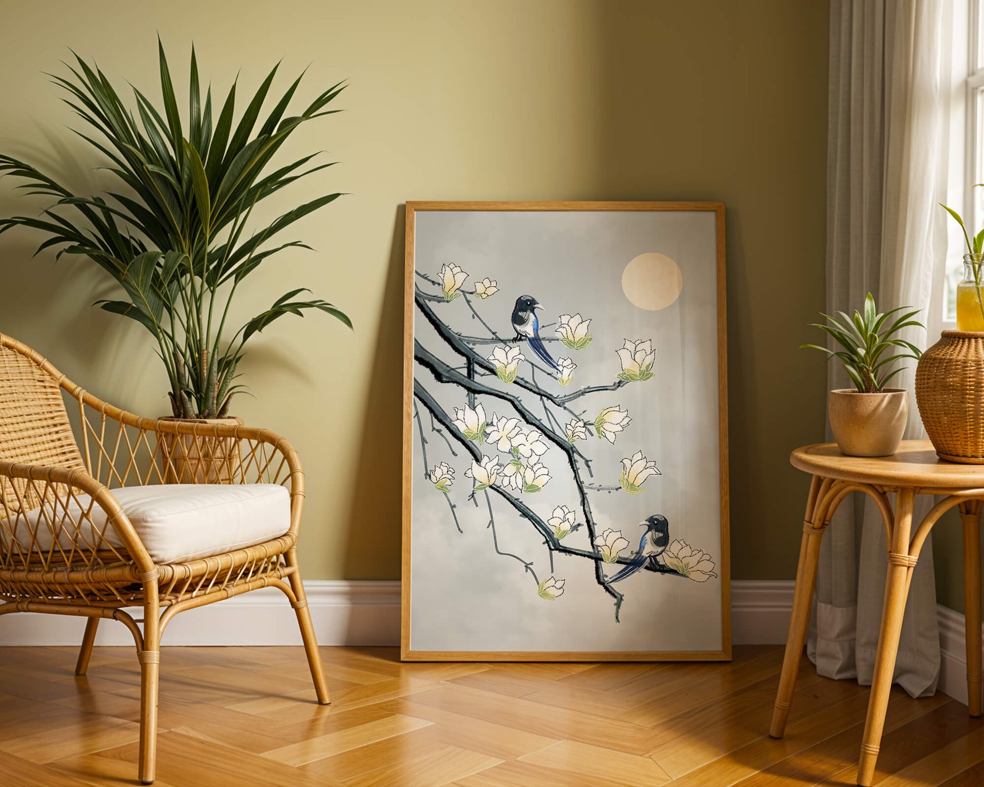 Birds on blossoming branches under a serene moonlit sky
