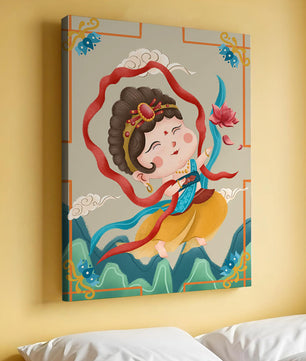 Whimsical illustration of a joyful child deity with lotus and clouds