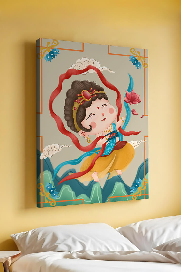 Whimsical illustration of a joyful child deity with lotus and clouds