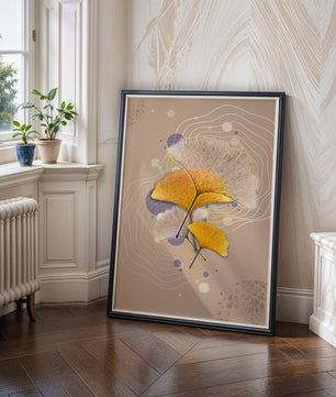 Elegante Blätter des Ginkgo mit abstrakten wellenförmigen und kreisförmigen Elementen