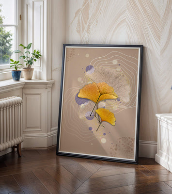 Elegant ginkgo leaves with abstract wavy and circular elements