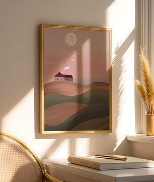House On Pink Hill Under Full Moon