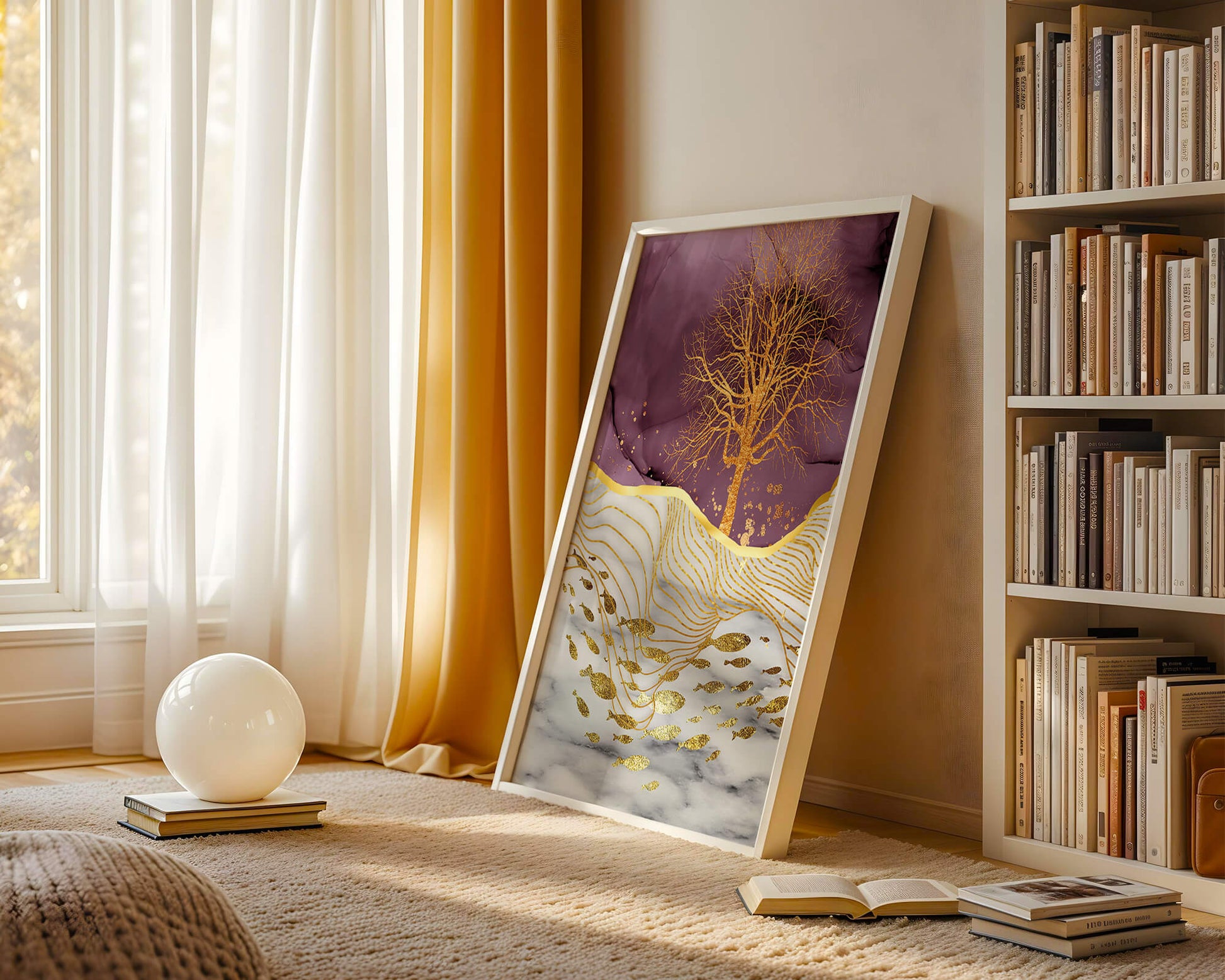 Abstract Tree with Gold Fish on Marble Background