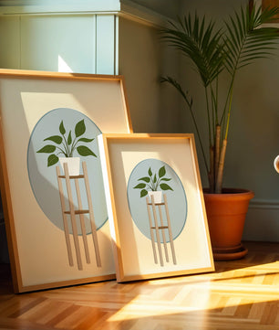 Illustration botanique moderne d'une plante en pot sur un support en bois