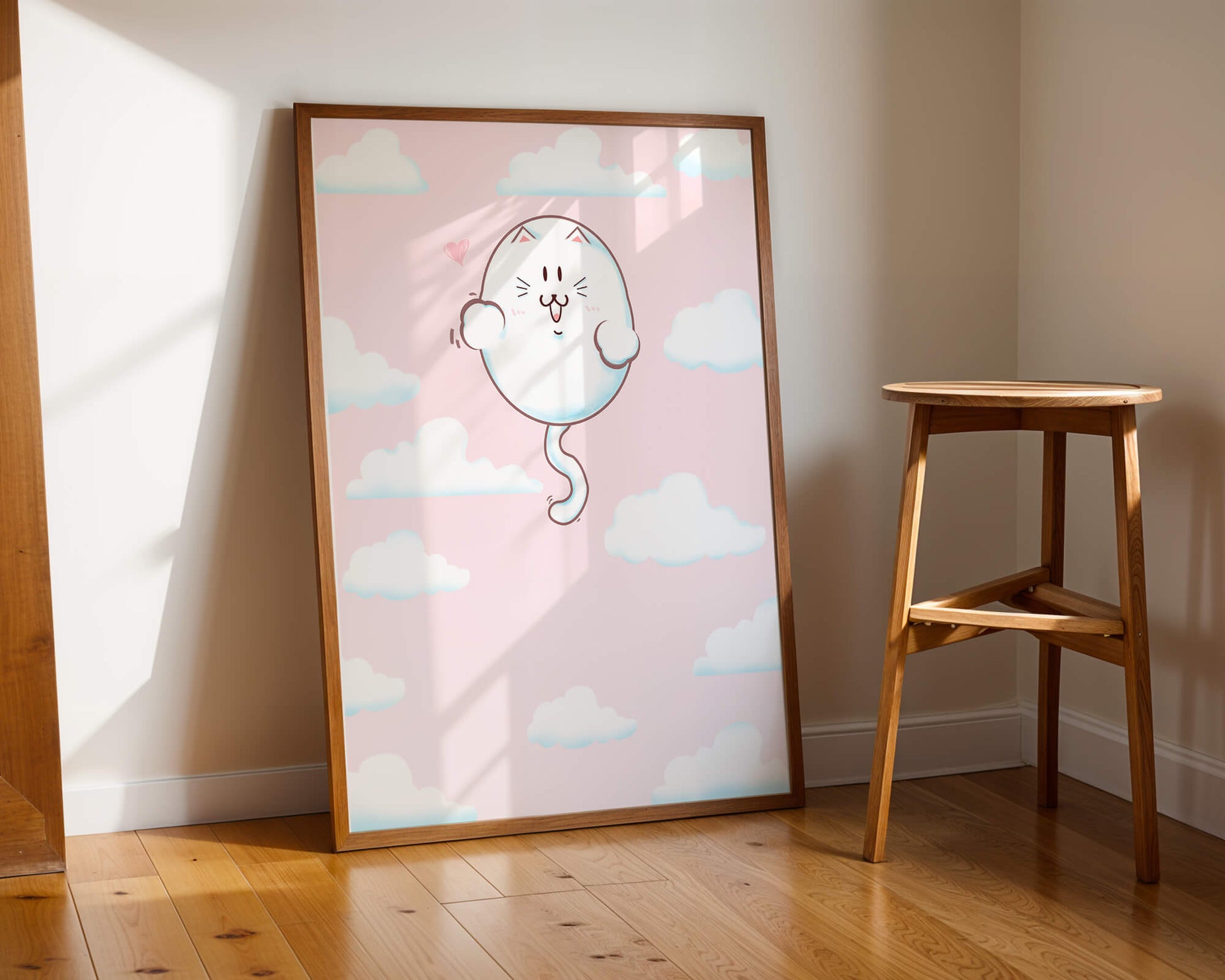 Gato flotante caprichoso en un cielo pastel con nubes esponjosas