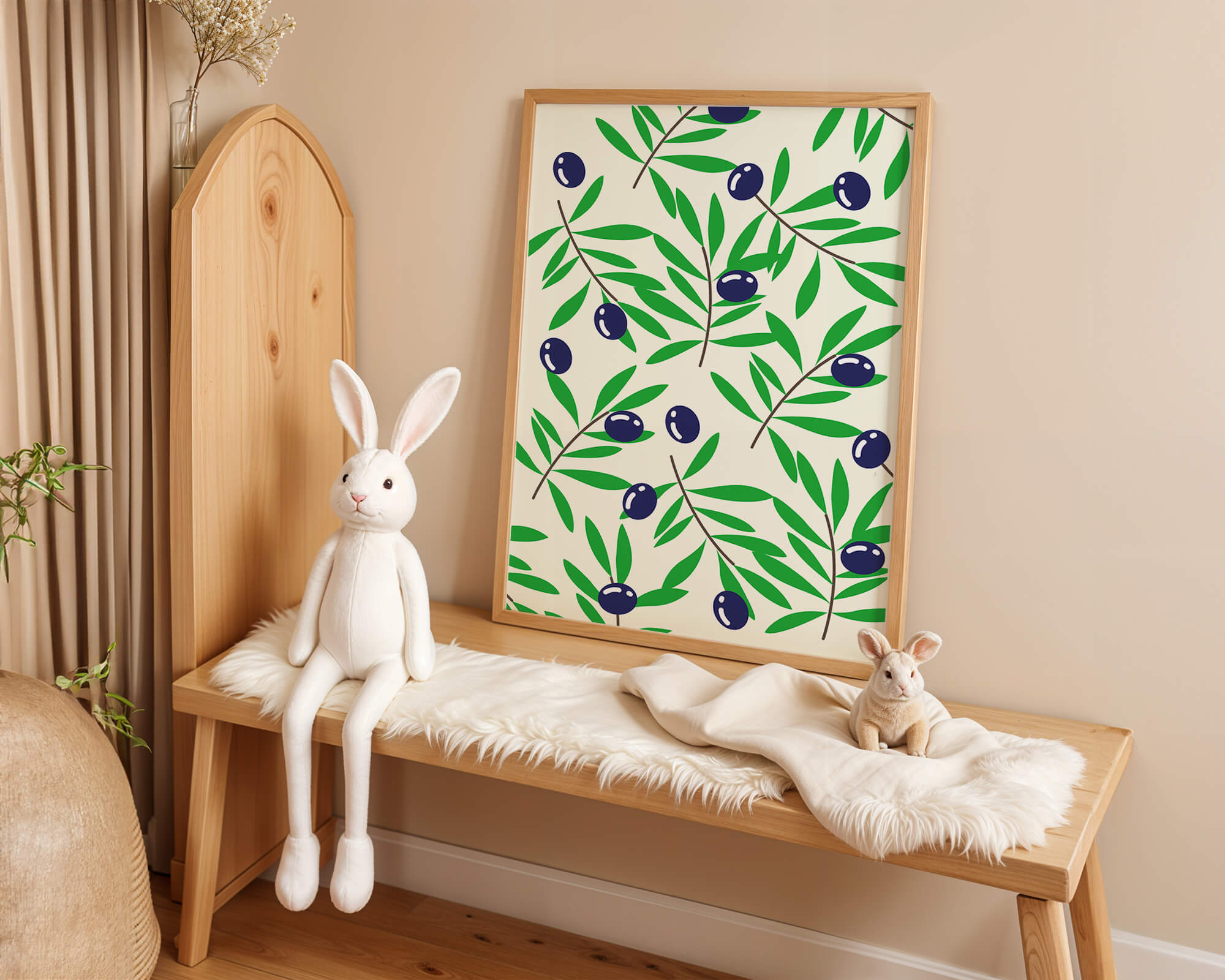 Olive branch pattern with green leaves and blue olives