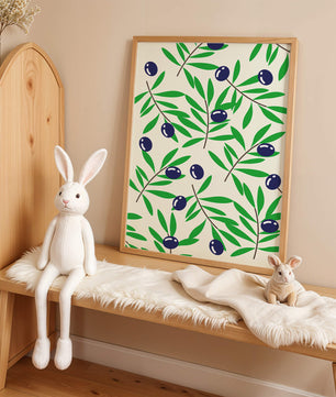 Olive branch pattern with green leaves and blue olives