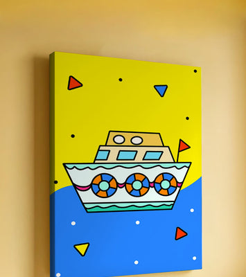 Colorful boat illustration with cartoon elements