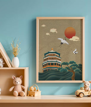 Traditional Asian art with cranes and temple at sunset