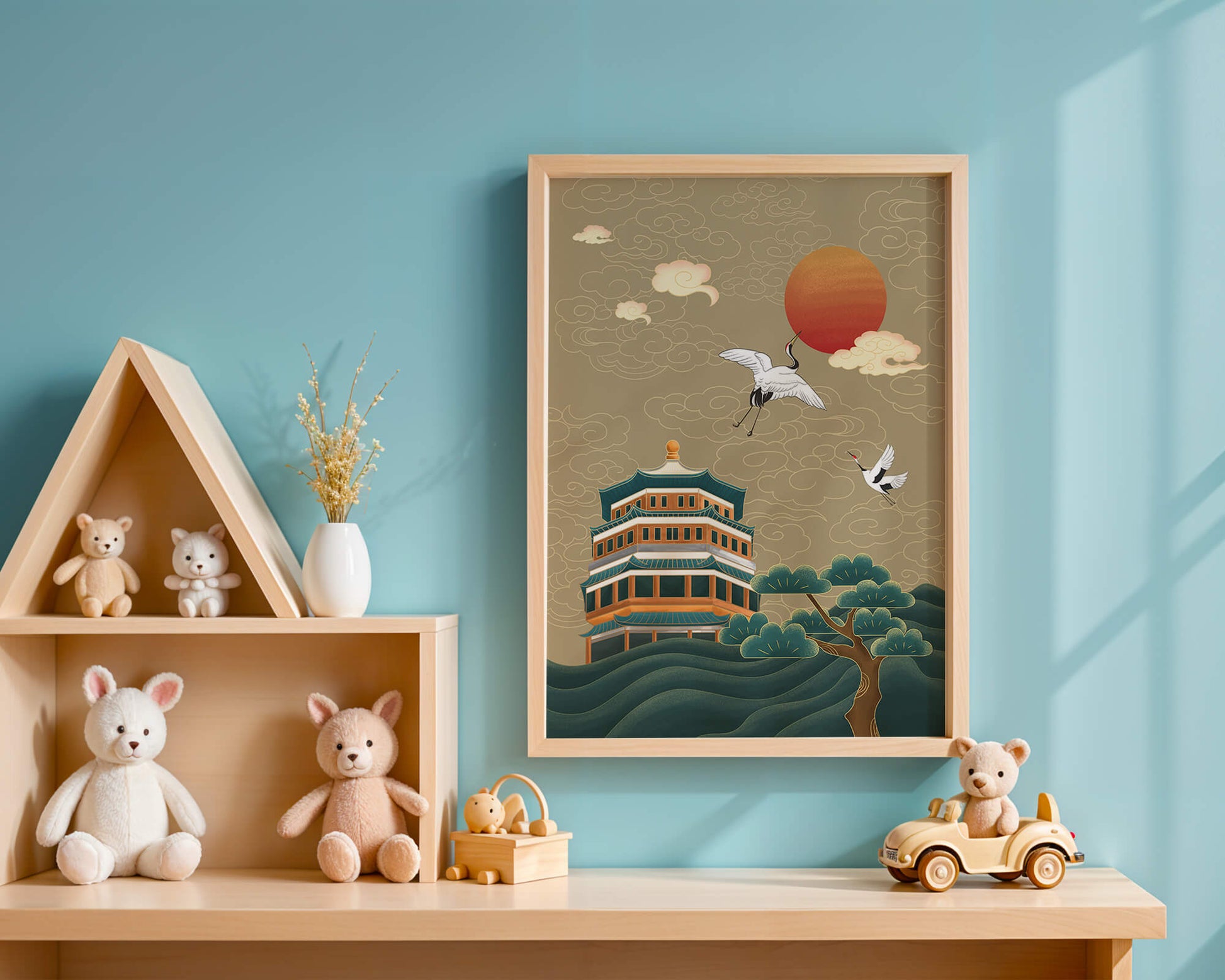 Traditional Asian art with cranes and temple at sunset