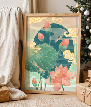 Ruhiges orientalisches Lotus-Design mit Libellen und Wolken
