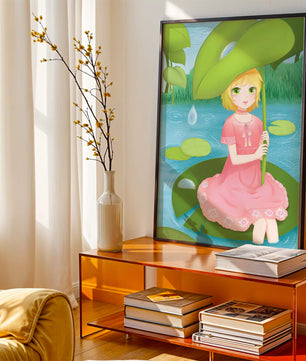 Whimsical Illustration of a Young Girl in a Pink Dress Sitting on a Lily Pad