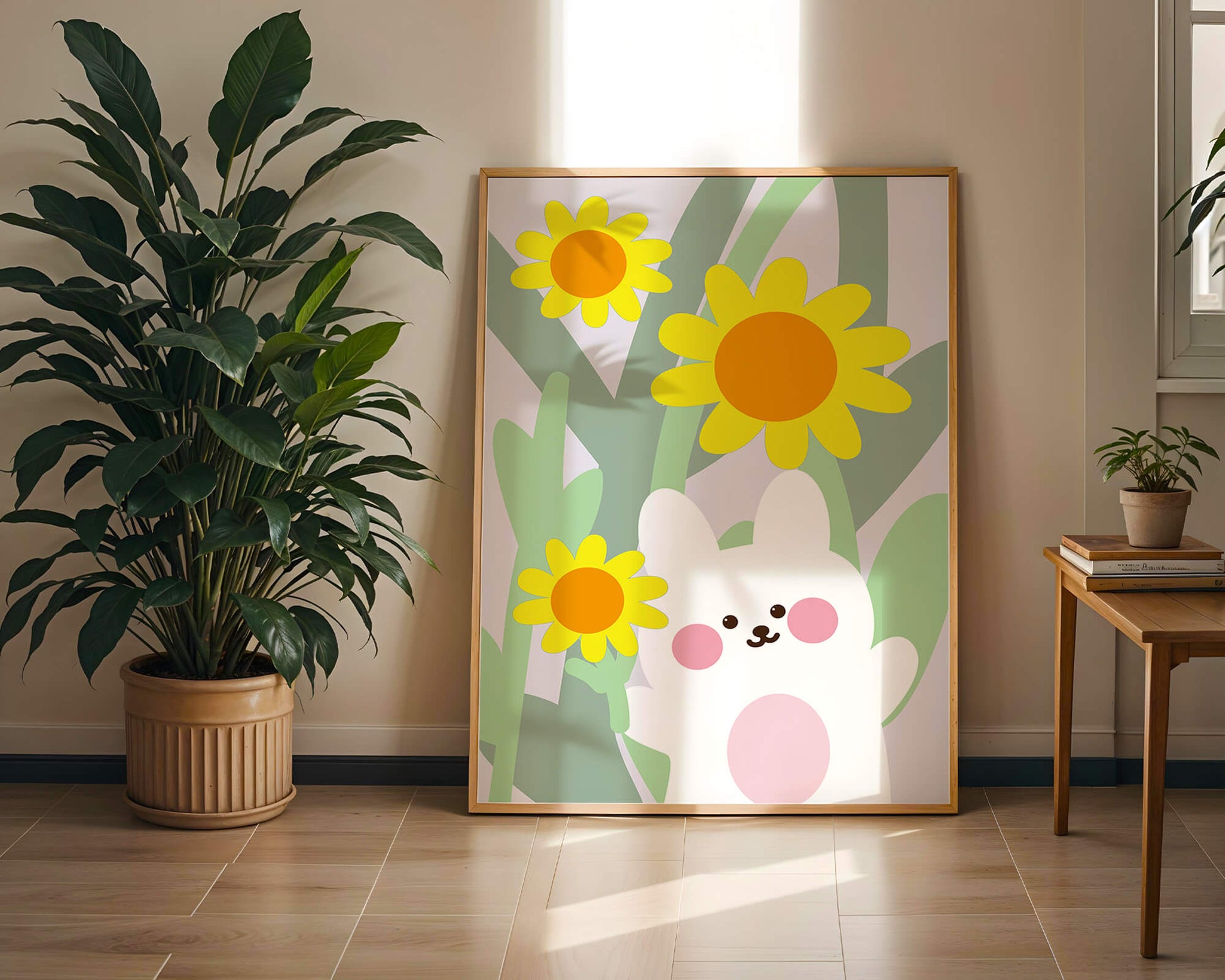 Adorable bunny with vibrant flowers cartoon illustration