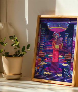 Futuristic Asian Inspired Artwork with Neon Colors and Geisha in Traditional Attire