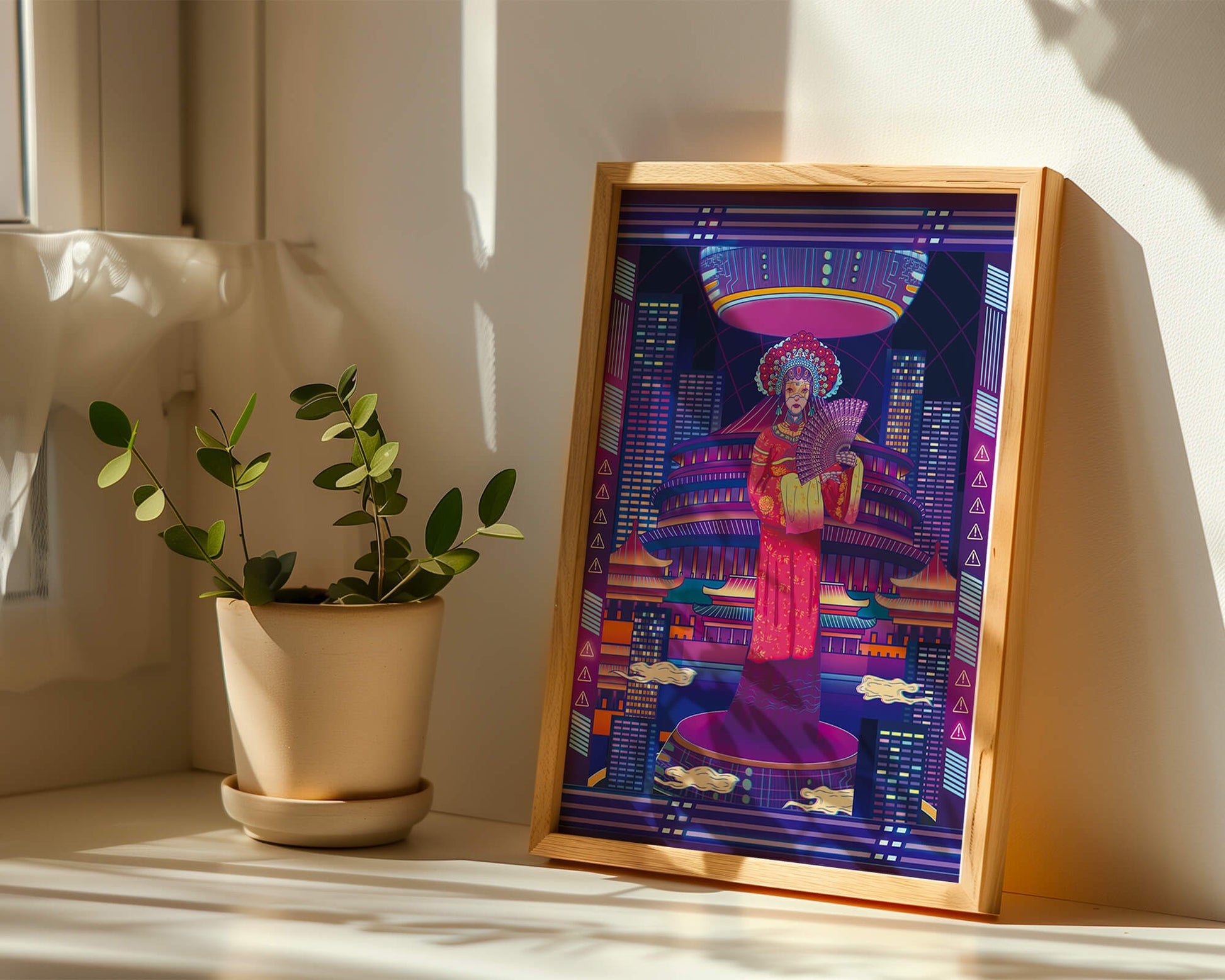 Futuristic Asian Inspired Artwork with Neon Colors and Geisha in Traditional Attire