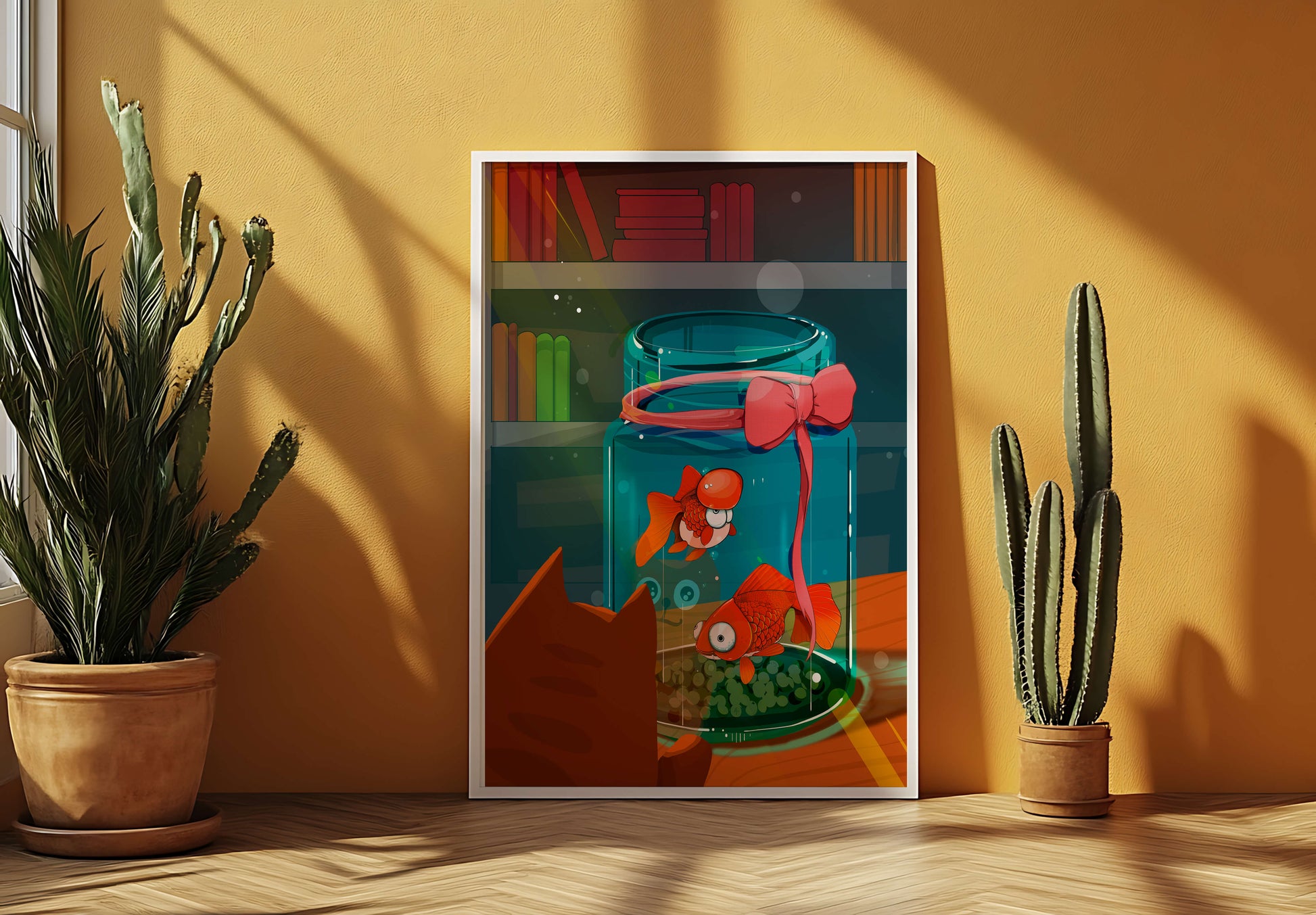 Neugierige Katze beobachtet Goldfische in einem Glas auf einem Bücherregal