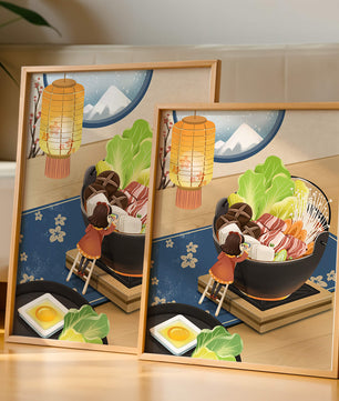 Illustration eines gemütlichen Winteressens mit Hot Pot und Zutaten