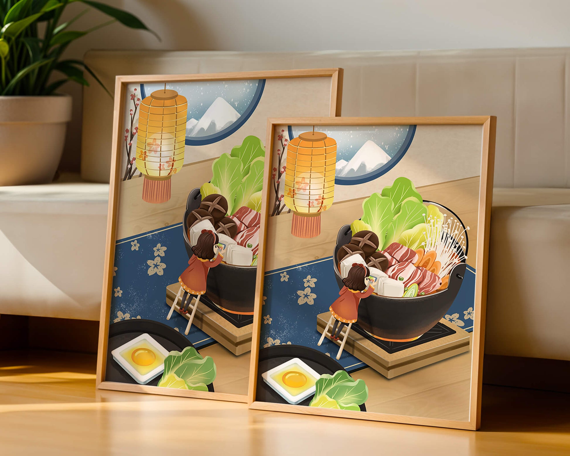 Illustration eines gemütlichen Winteressens mit Hot Pot und Zutaten