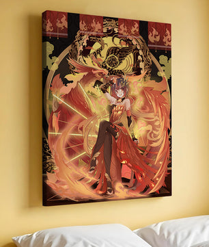 Art fantastique d'une fille avec un phénix majestueux aux couleurs flamboyantes