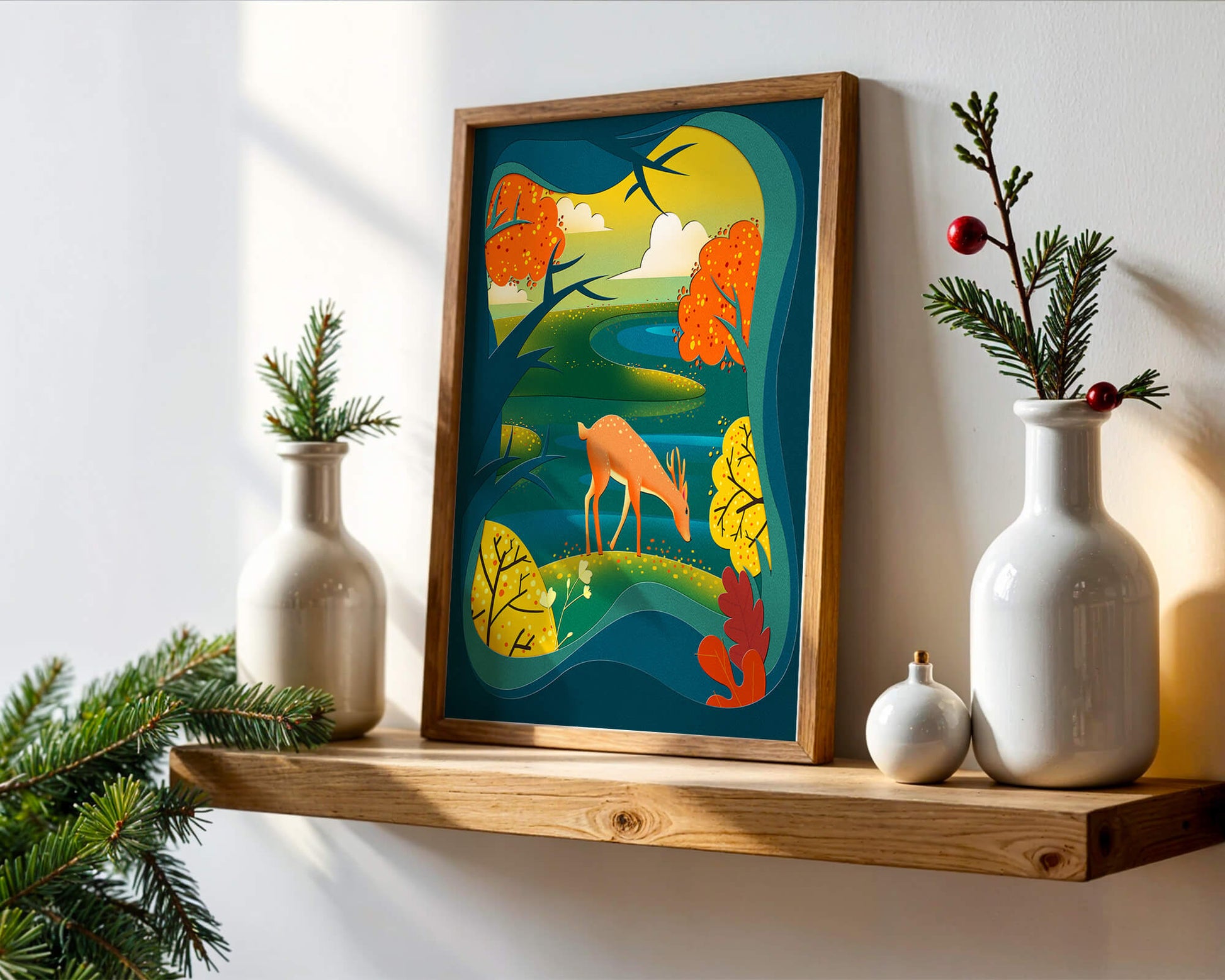 Deer in autumnal forest landscape with vibrant foliage
