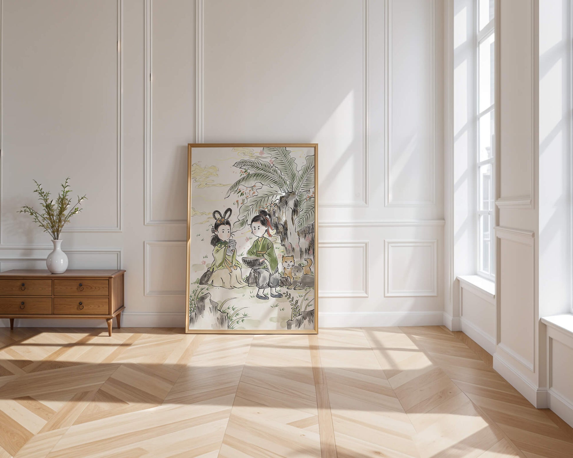 Arte asiático tradicional con dos personas y perros bajo un árbol