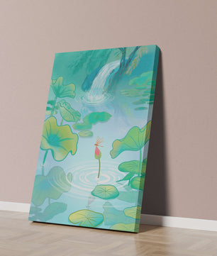 Serene pond scene with lotus leaves and waterfall