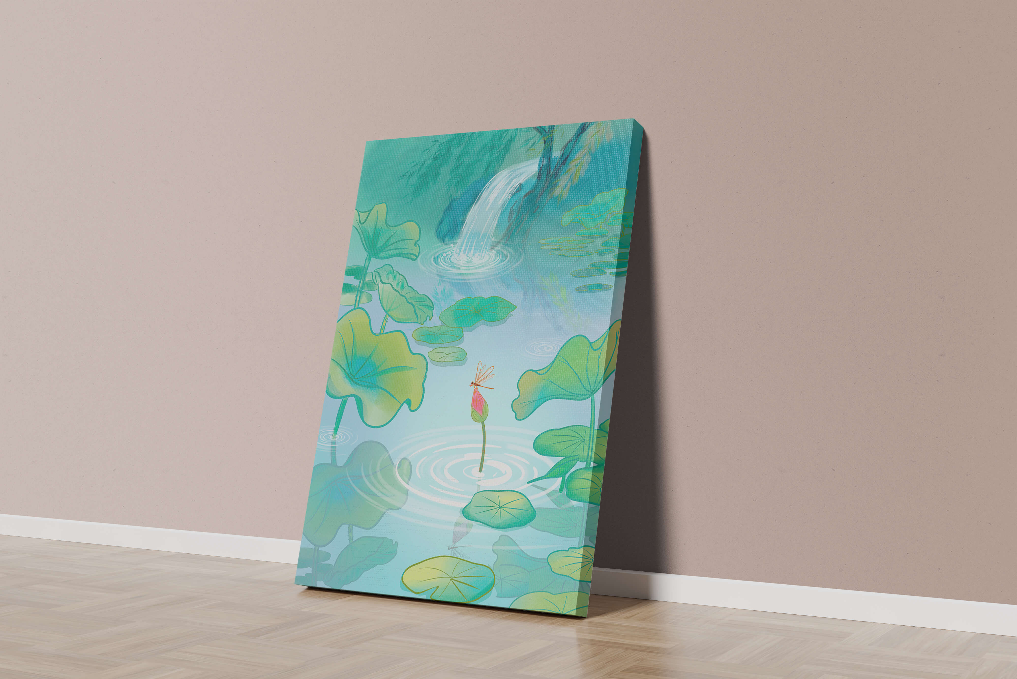 Serene pond scene with lotus leaves and waterfall