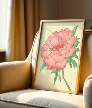Delicate Pink Peony with Green Leaves Illustration