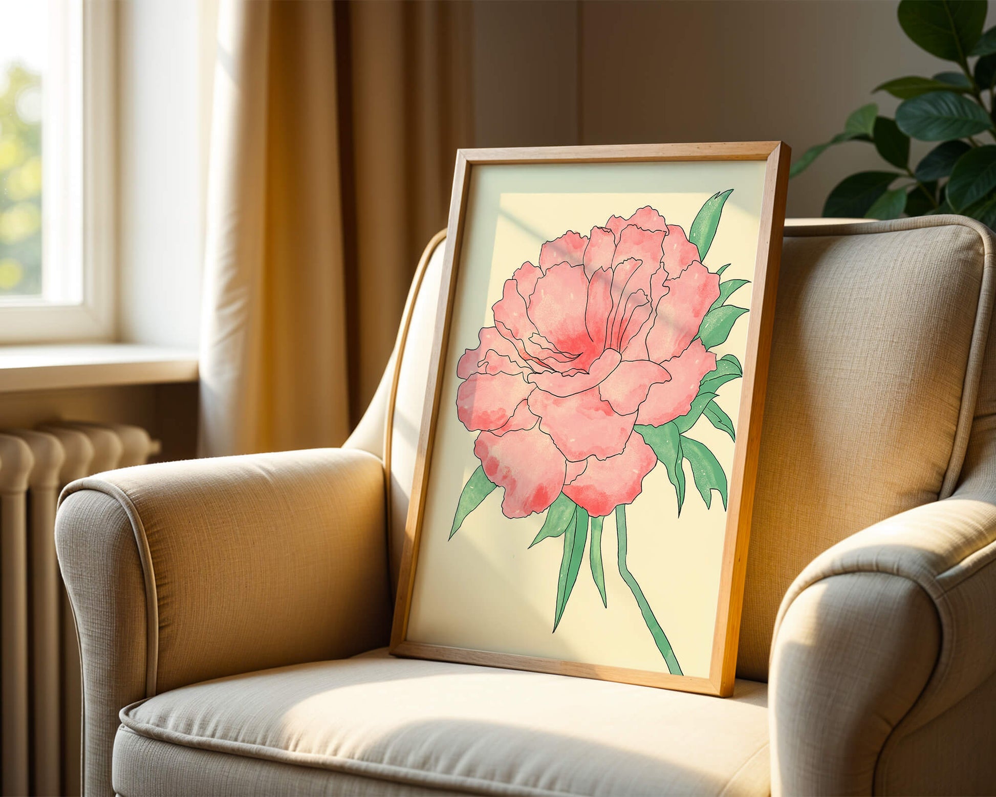 Delicate Pink Peony with Green Leaves Illustration