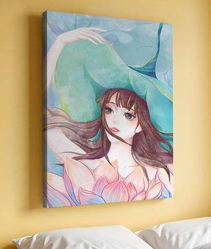 Serene water-inspired portrait of a woman with flowers