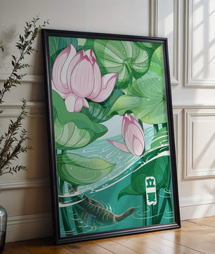 Illustration nature sereine avec fleurs de lotus et vie aquatique