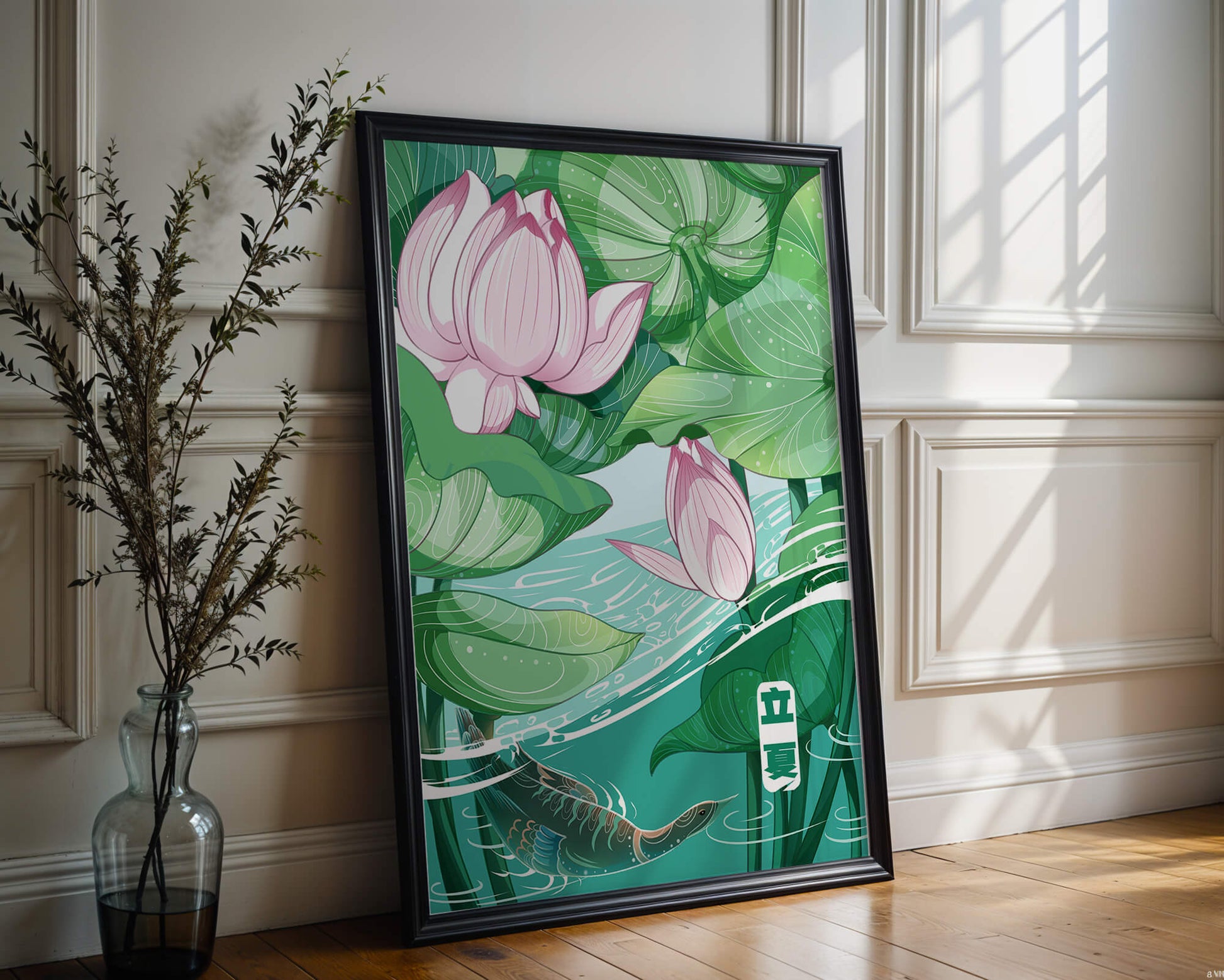 Ilustración de la naturaleza serena con flores de loto y vida acuática