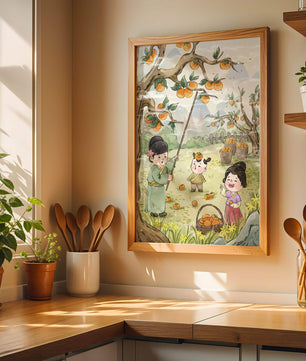 Illustration of children harvesting persimmons in a traditional setting