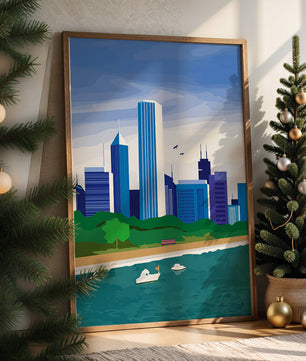Paisaje urbano moderno con skyline y frente al agua en un estilo vibrante