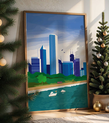 Modern cityscape with skyline and waterfront in a vibrant style