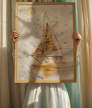 Elegant sailboat with gold elements against a textured sky