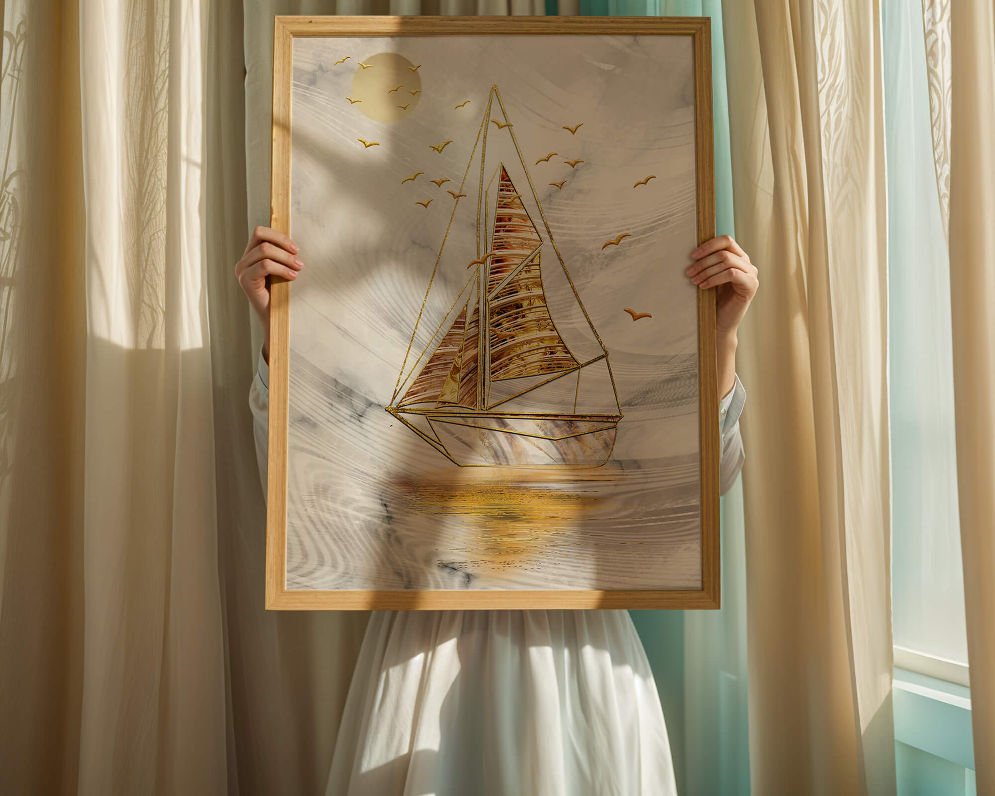 Elegant sailboat with gold elements against a textured sky