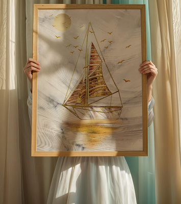 Elegant sailboat with gold elements against a textured sky