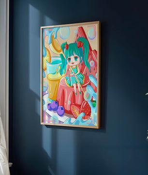 Scène de dessert fantaisiste avec un personnage mignon et des couleurs vives