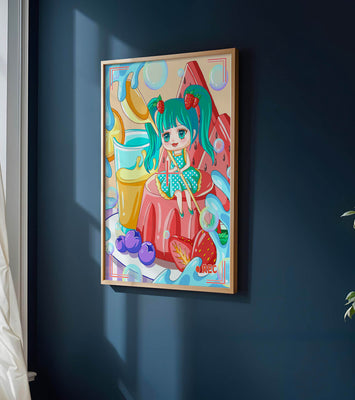 Whimsical dessert scene with cute character and vibrant colors