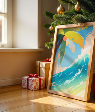 Escena vibrante de playa tropical con palmera y ola del océano