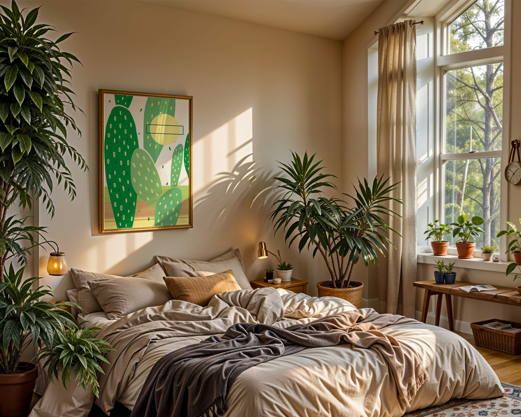 Abstract cactus art with green and yellow elements